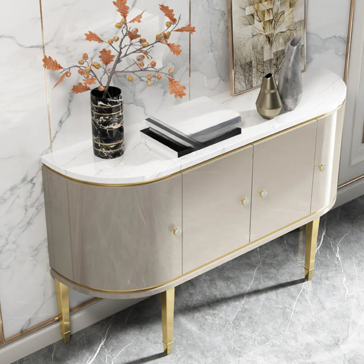 Half Circle Marble Grey Console Table with Cabinets Image - 7