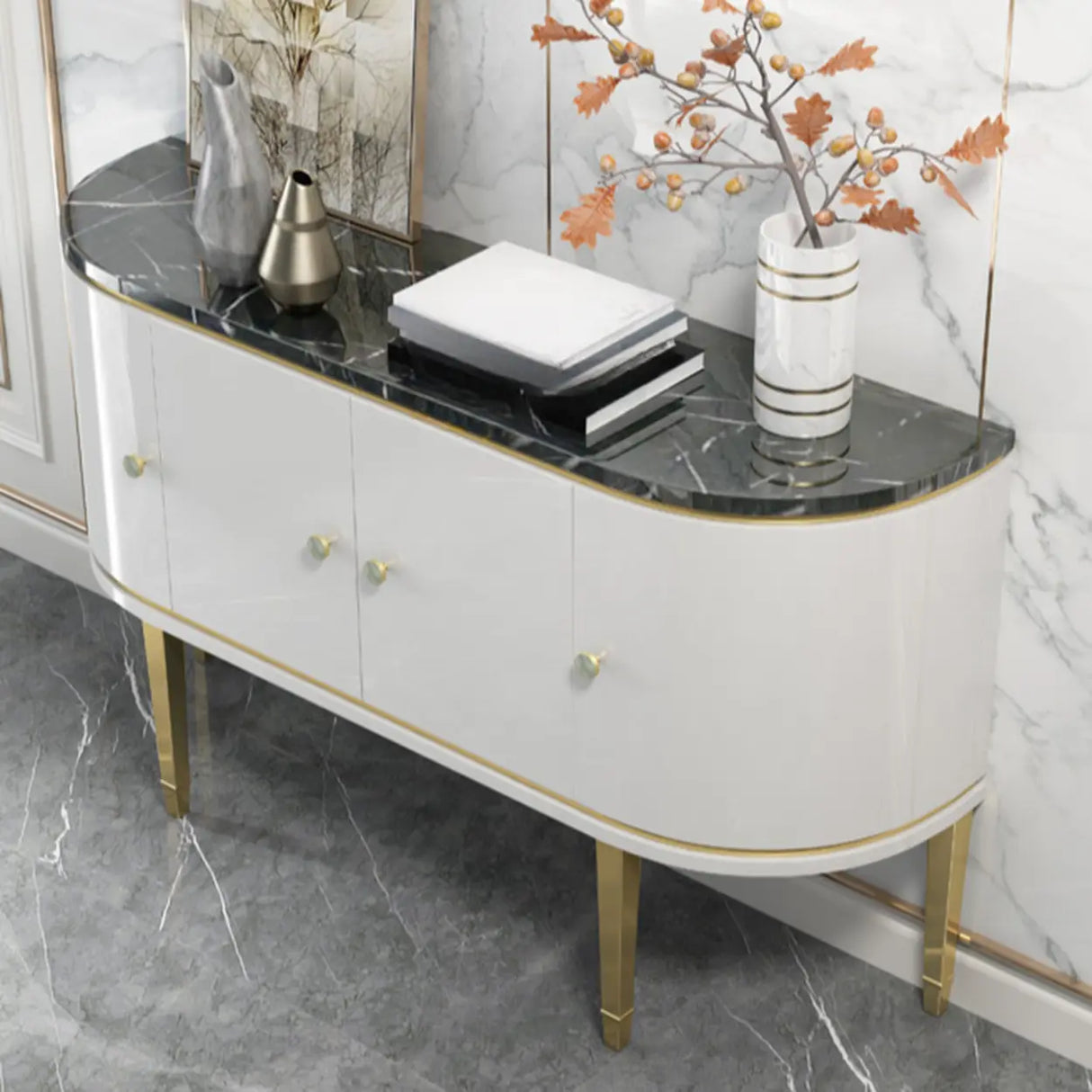 Half Circle Marble Grey Console Table with Cabinets Image - 9