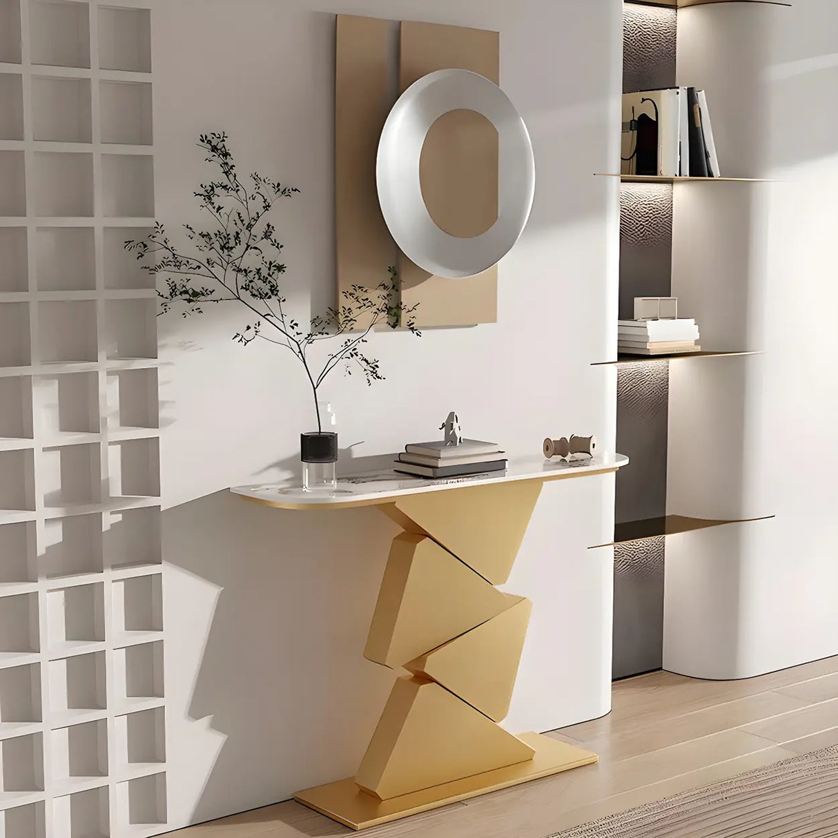 Half Moon Gold Triangle Metal Base Hallway Console Table Image - 1