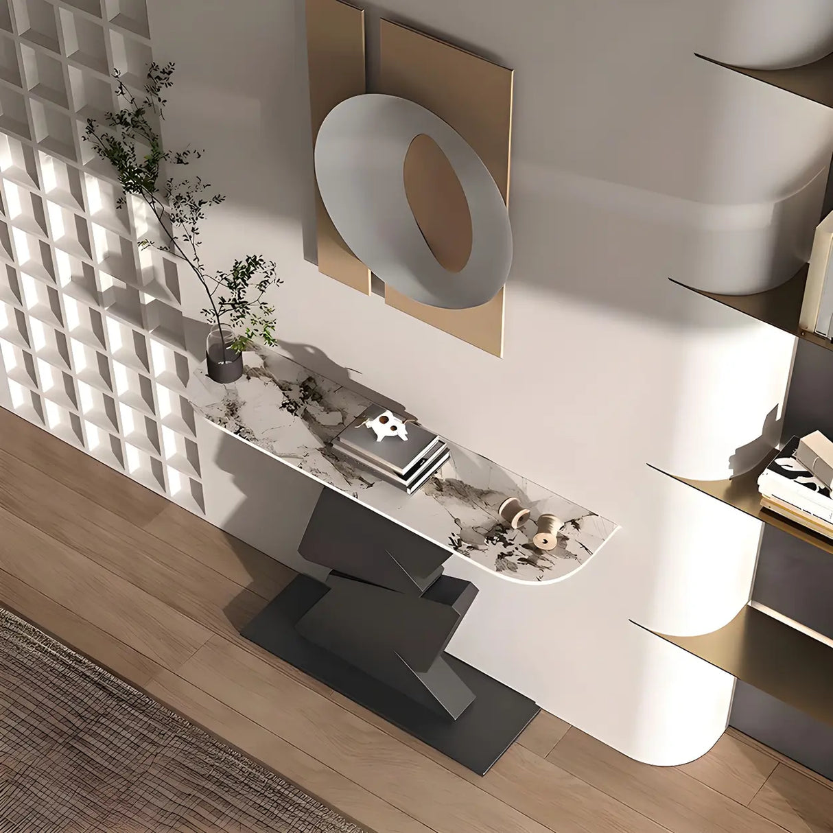 Half Moon Gold Triangle Metal Base Hallway Console Table Image - 4