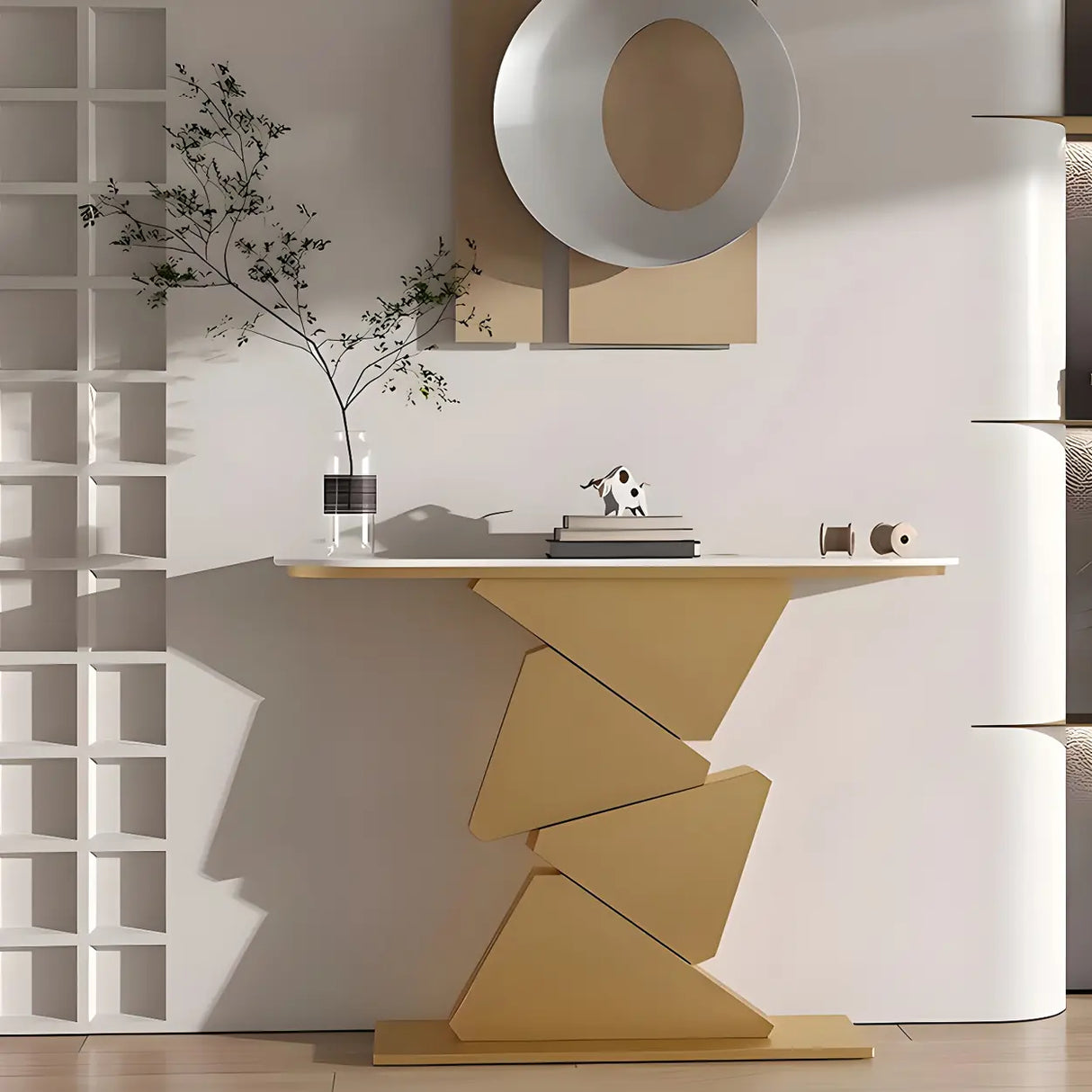 Half Moon Gold Triangle Metal Base Hallway Console Table Image - 6