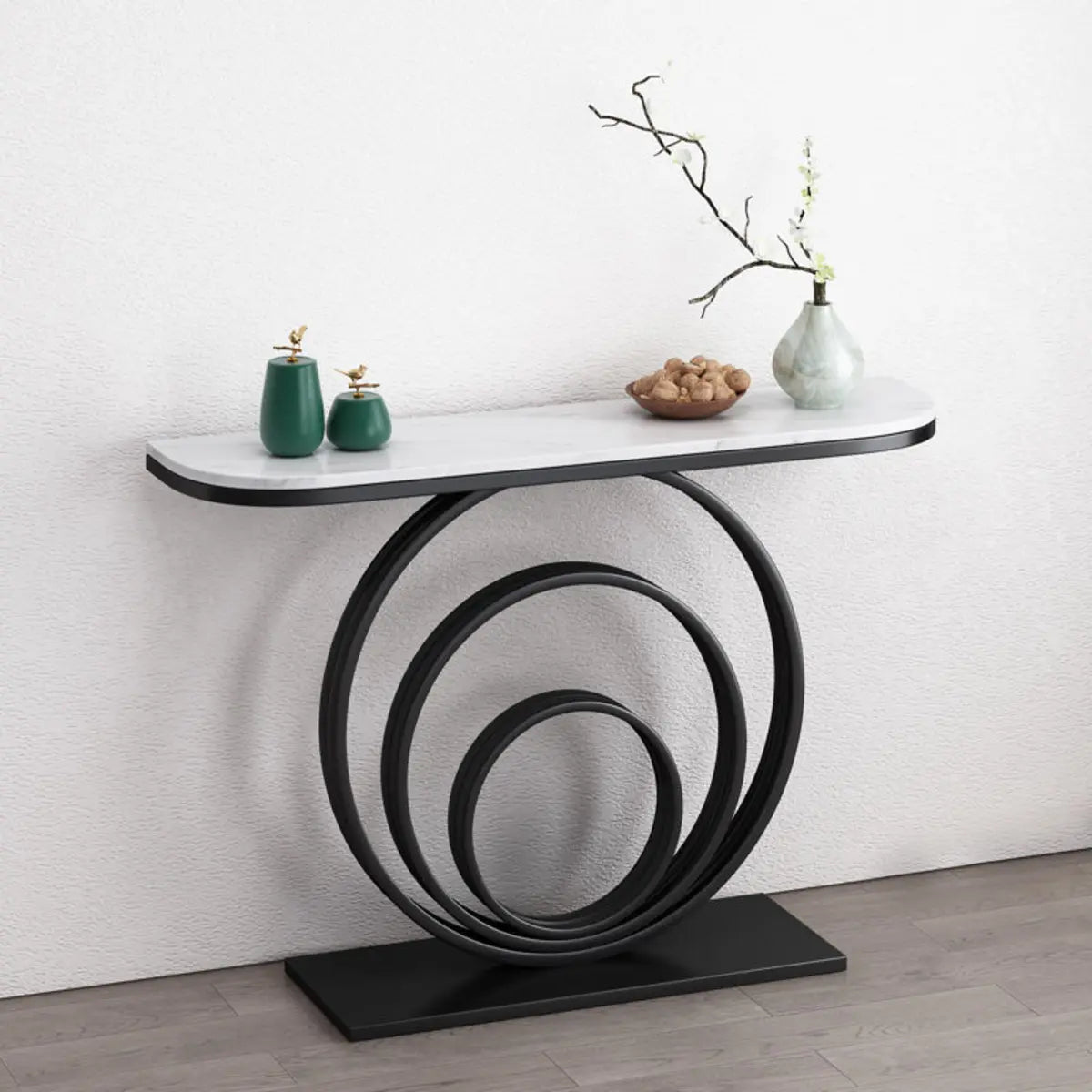 Half Round Sintered Stone Black Circle Base Console Table Image - 1