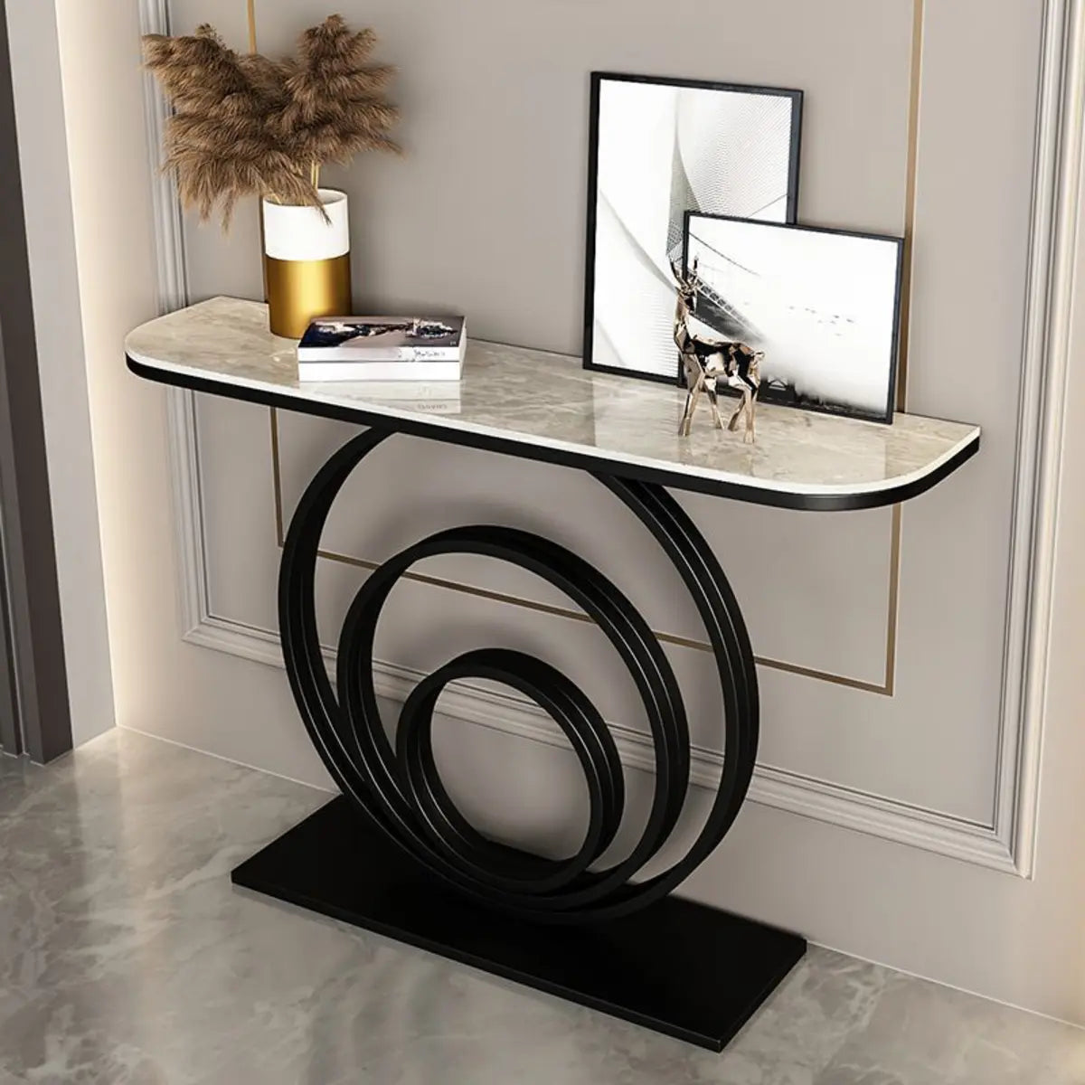 Half Round Sintered Stone Black Circle Base Console Table Image - 12