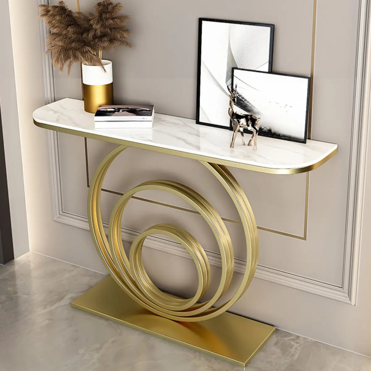 Half Round Sintered Stone Black Circle Base Console Table Image - 13