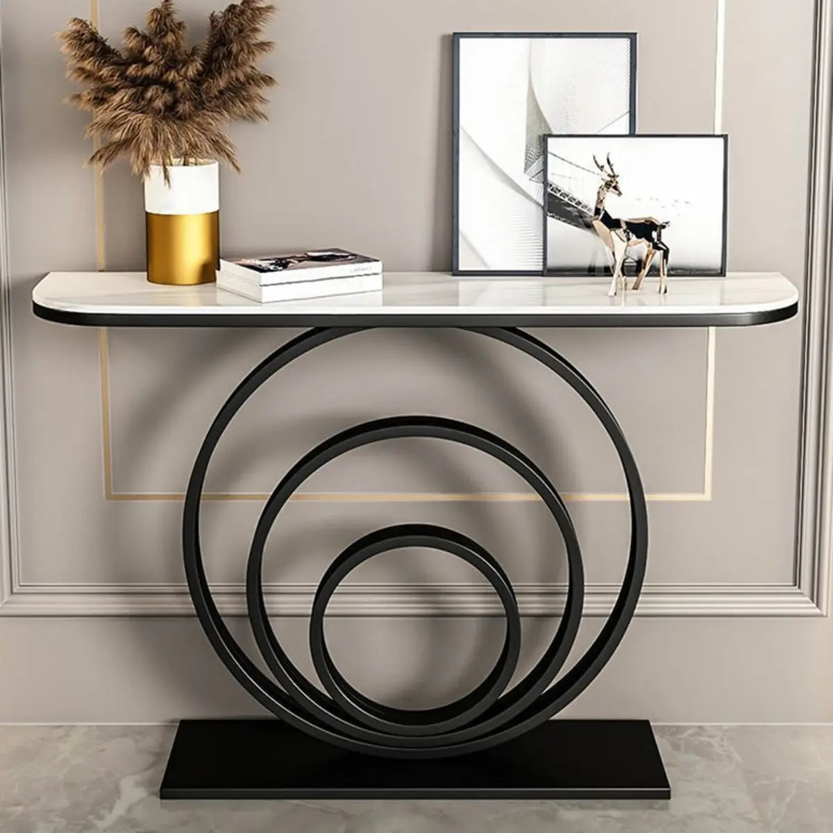 Half Round Sintered Stone Black Circle Base Console Table Image - 14