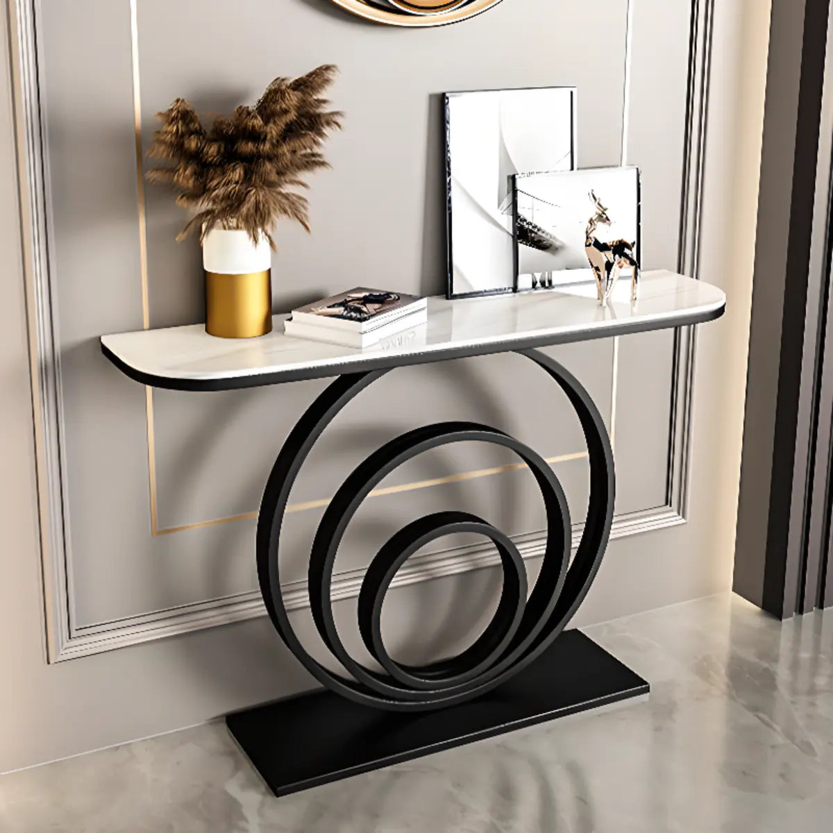Half Round Sintered Stone Black Circle Base Console Table Image - 2
