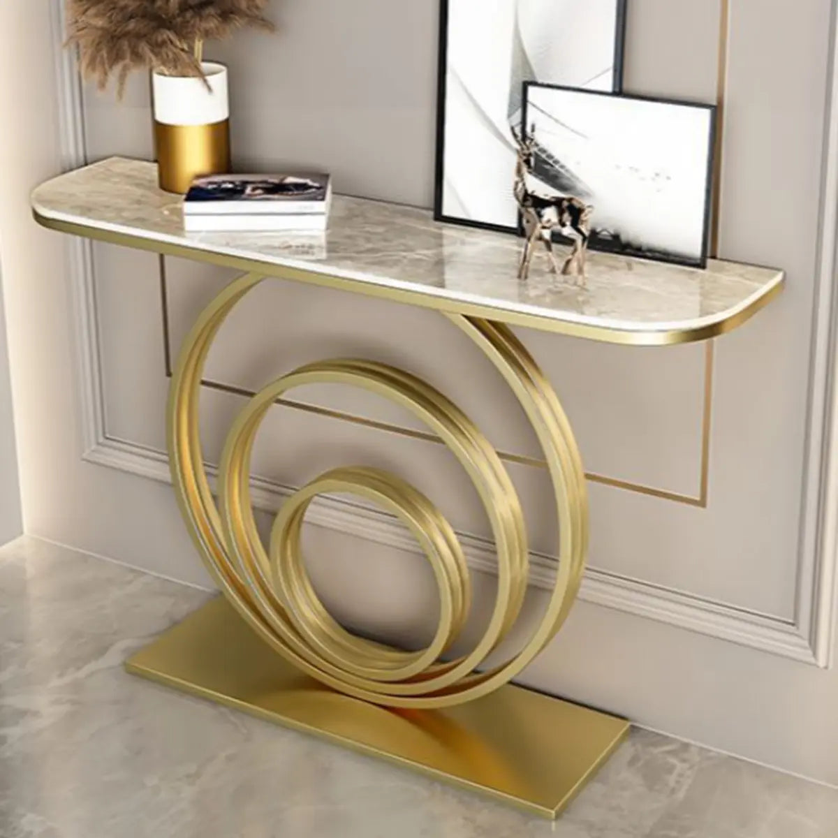 Half Round Sintered Stone Black Circle Base Console Table Image - 3