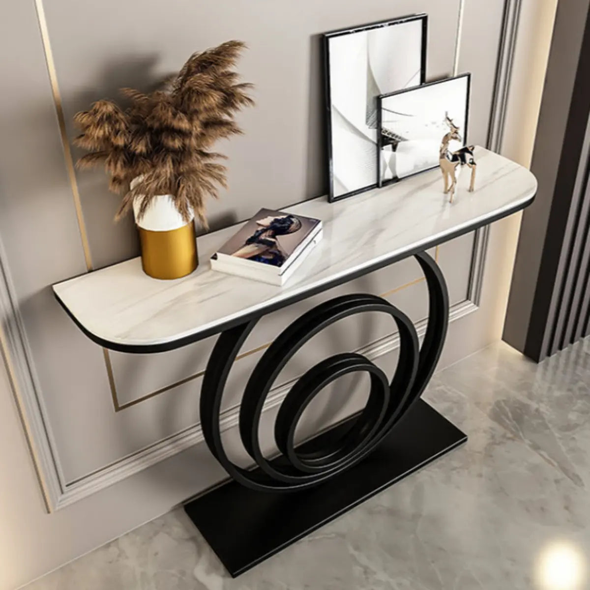 Half Round Sintered Stone Black Circle Base Console Table Image - 4