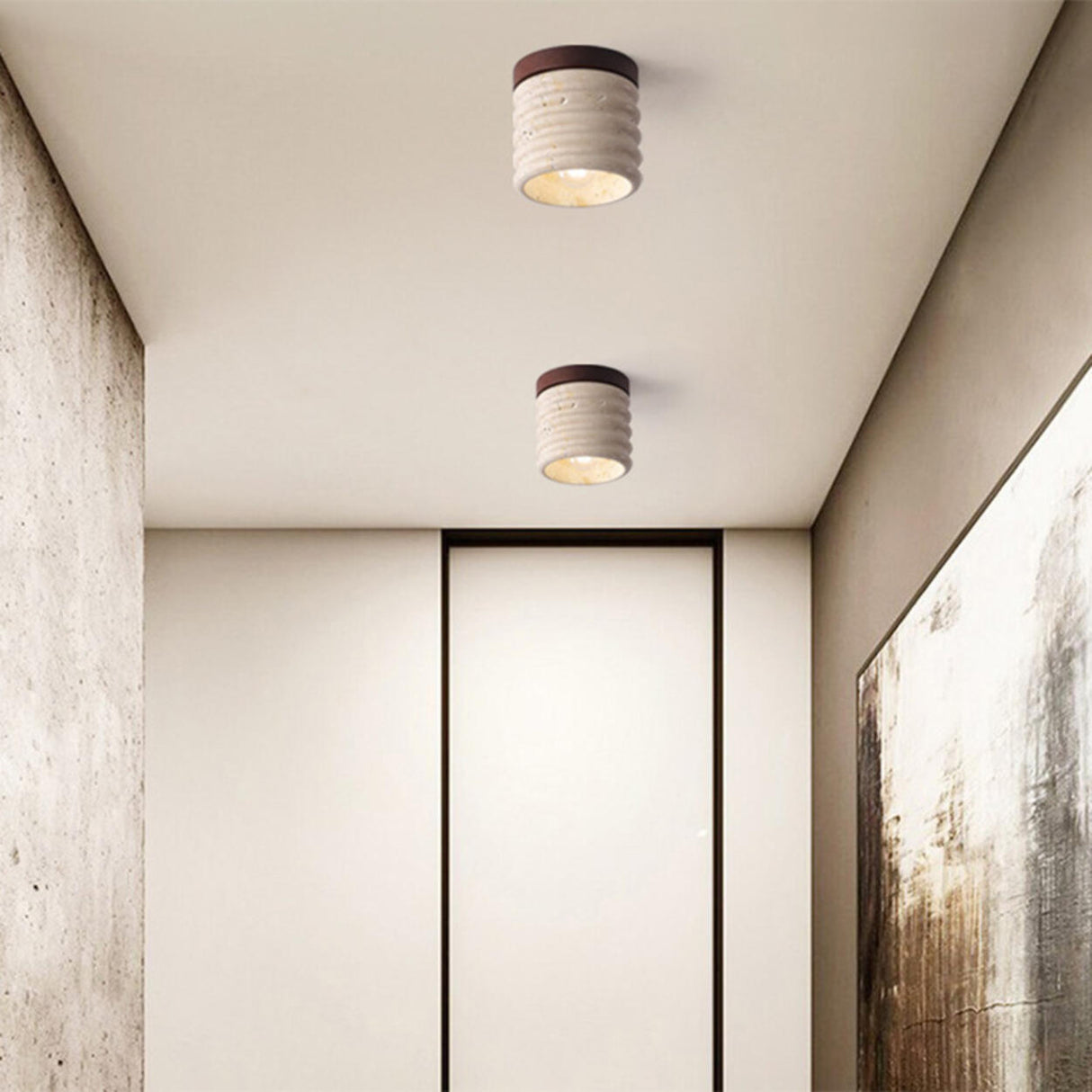 Hallway Beige Cylinder Stone Flush Mount Ceiling Light Image - 15