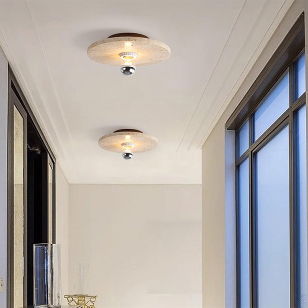 Hallway Beige Cylinder Stone Flush Mount Ceiling Light Image - 8
