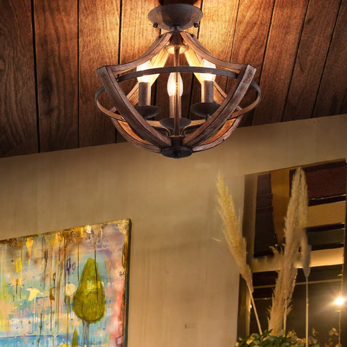 Hallway Black Candleholder Iron Semi-Flush Mount Light Image - 14