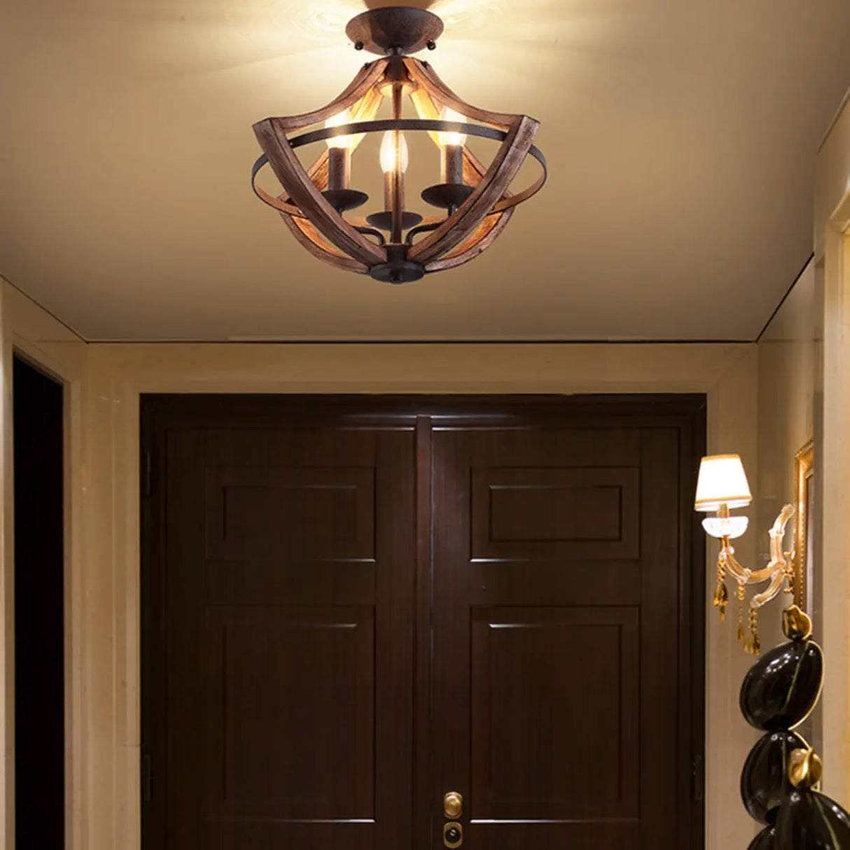 Hallway Black Candleholder Iron Semi-Flush Mount Light Image - 15