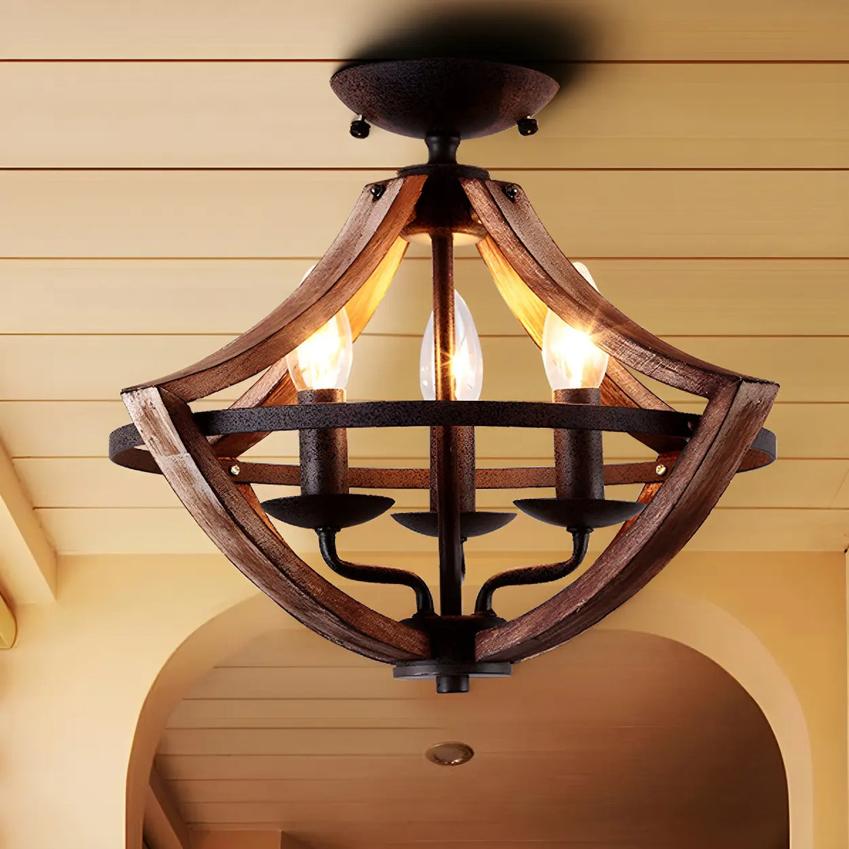 Hallway Black Candleholder Iron Semi-Flush Mount Light Image - 1