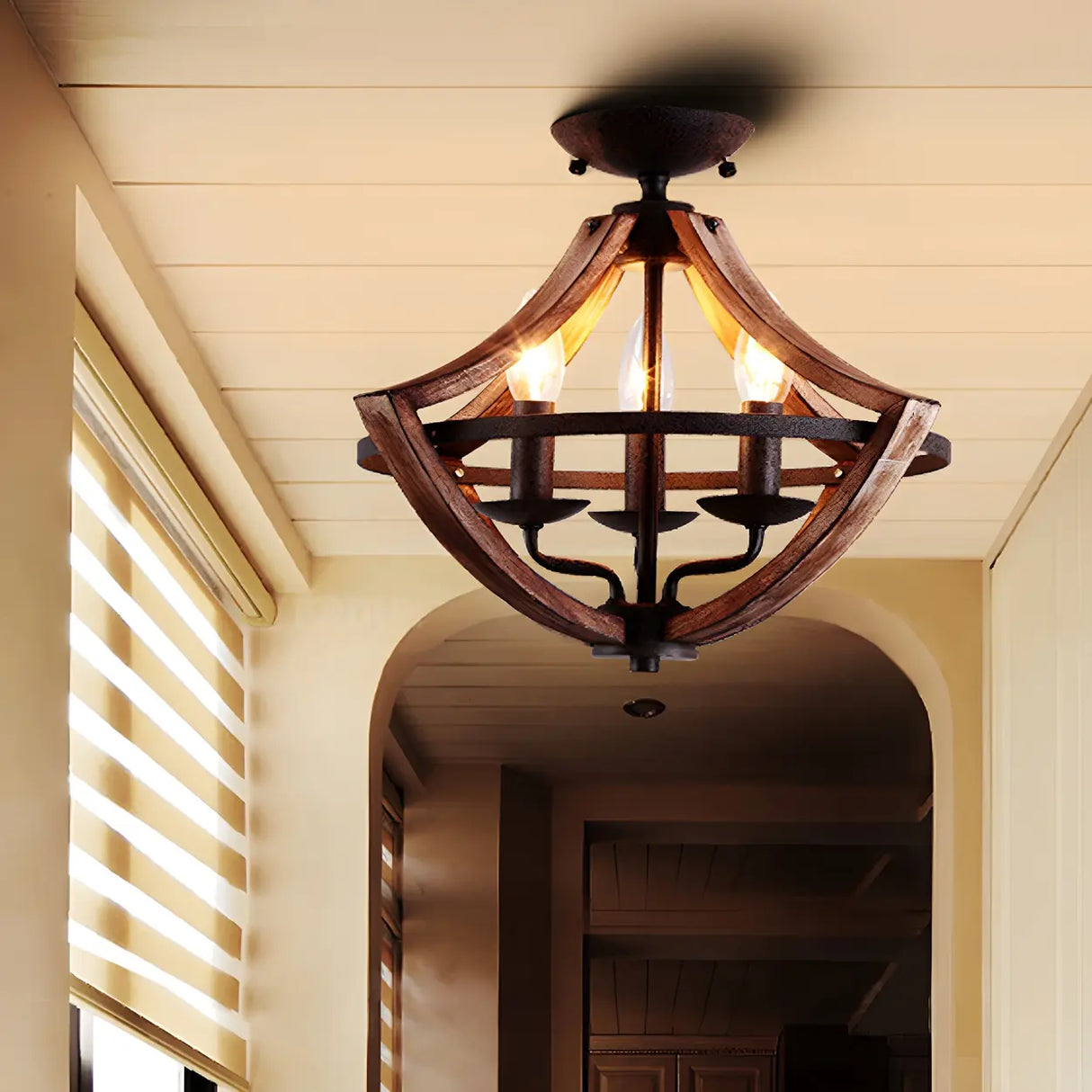 Hallway Black Candleholder Iron Semi-Flush Mount Light Image - 4