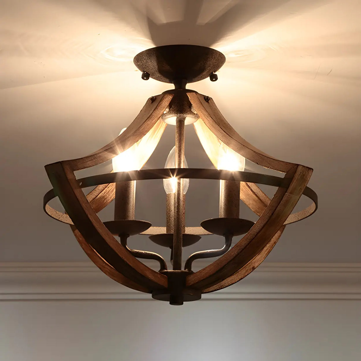 Hallway Black Candleholder Iron Semi-Flush Mount Light Image - 9