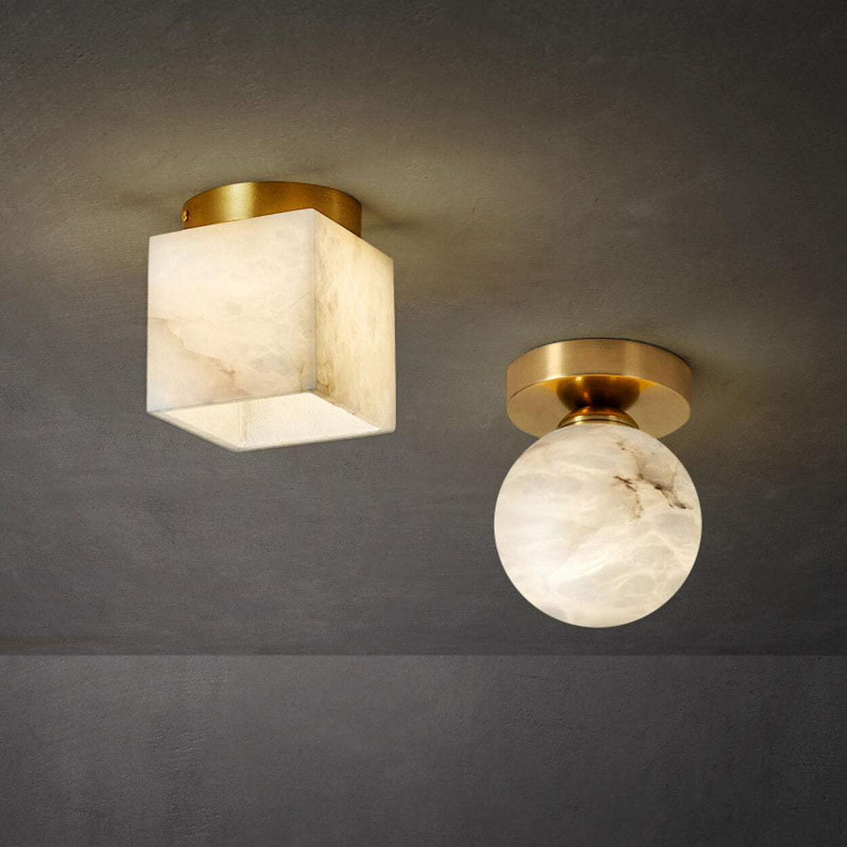 Hallway Cube Stone Brass Semi-Flush Mount Ceiling Light Image - 4
