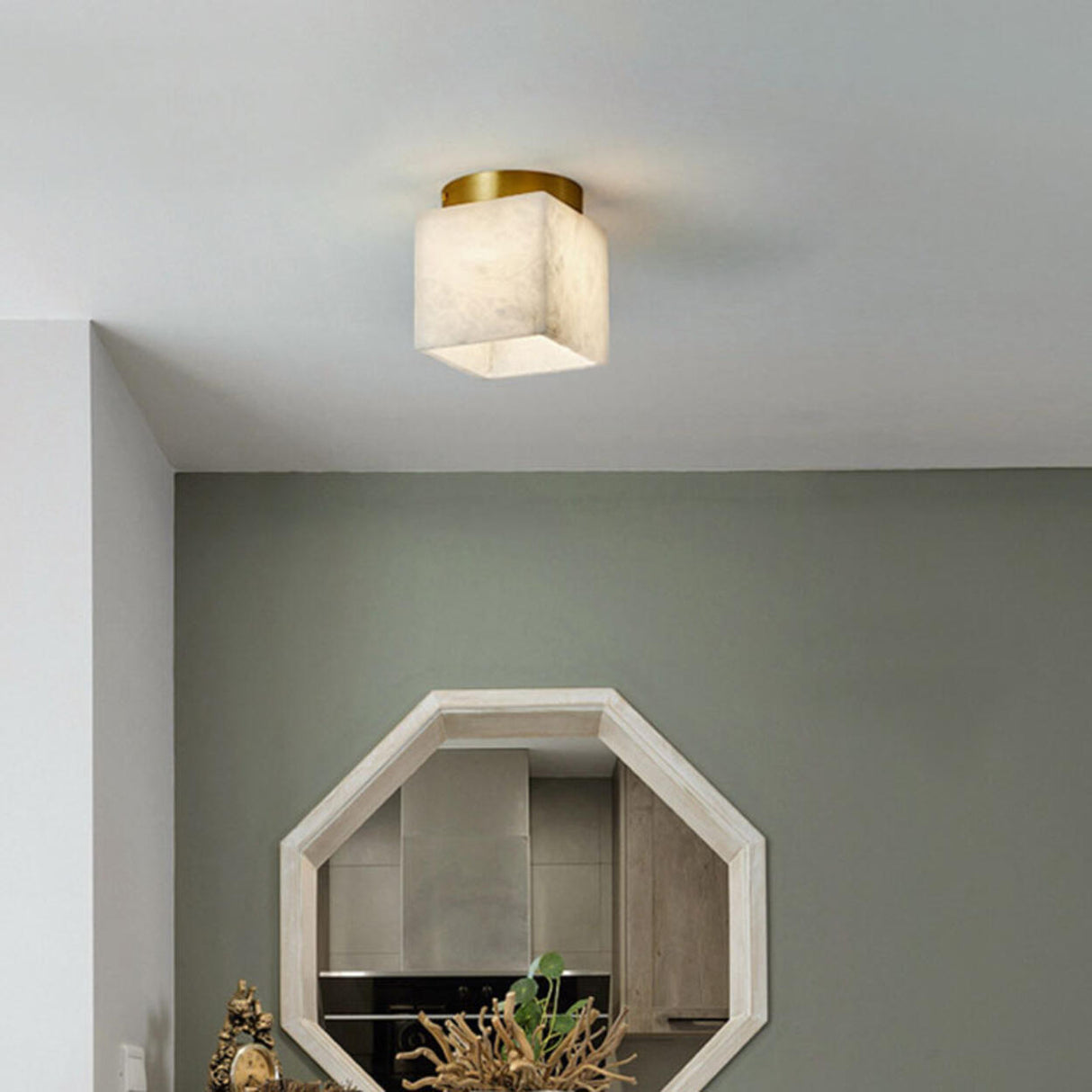Hallway Cube Stone Brass Semi-Flush Mount Ceiling Light Image - 6