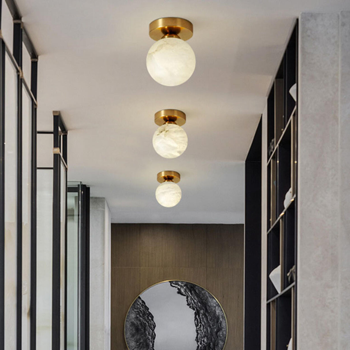 Hallway Cube Stone Brass Semi-Flush Mount Ceiling Light Image - 8