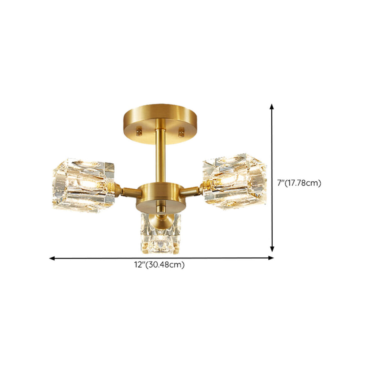 Hallway Gold Crystal Cube Semi-Flush Mount Lamp 3-Light