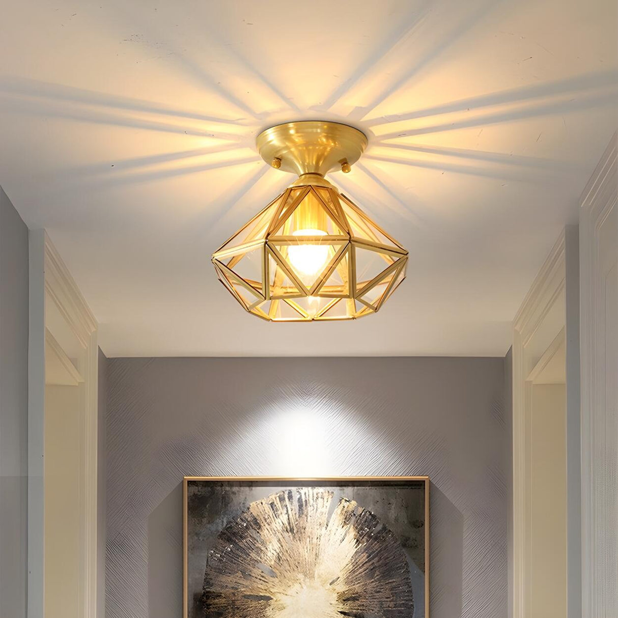 Hallway Mini Diamond-Shaped Brass Semi-Flush Mount Lamp Image - 1
