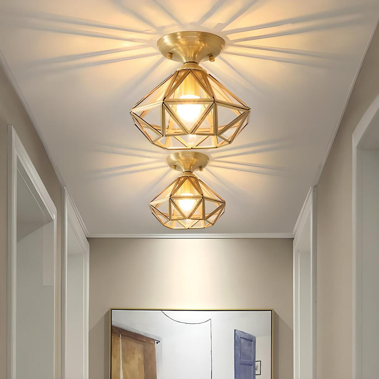 Hallway Mini Diamond-Shaped Brass Semi-Flush Mount Lamp Image - 4