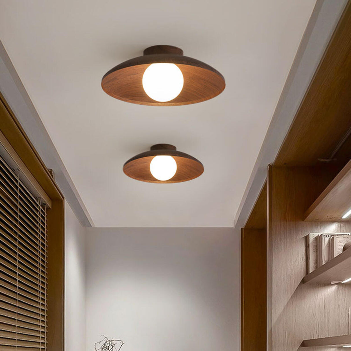 Hallway Mini Walnut Dome Semi-Flush Mount Ceiling Light Image - 5