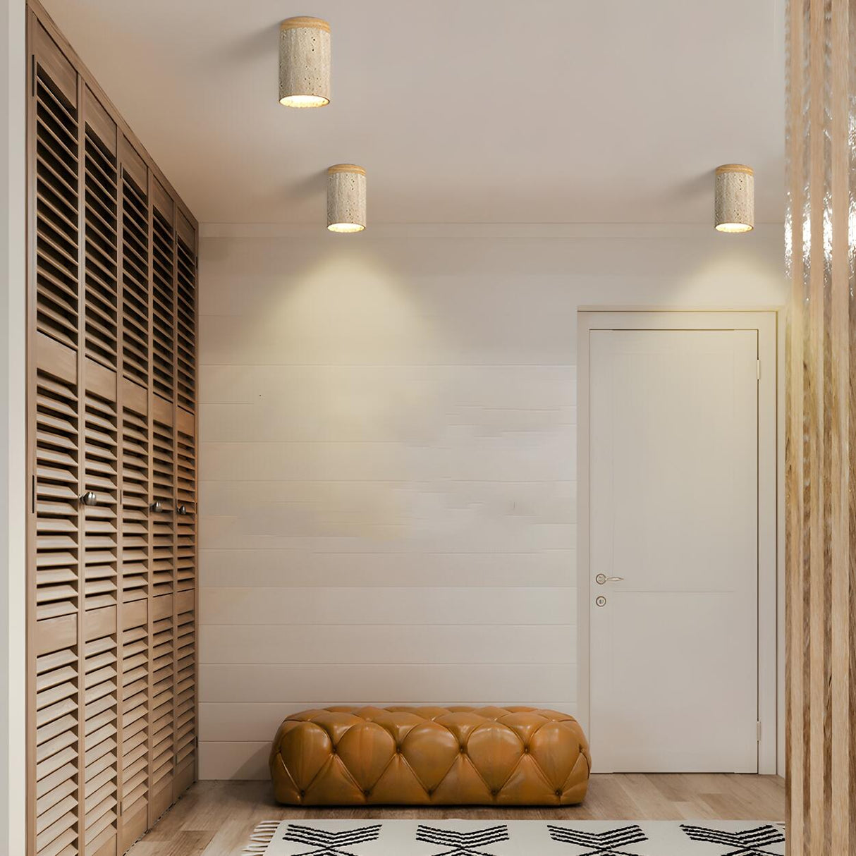 Hallway Natural Wood Stone Cylinder Flush Mount Light Image - 15