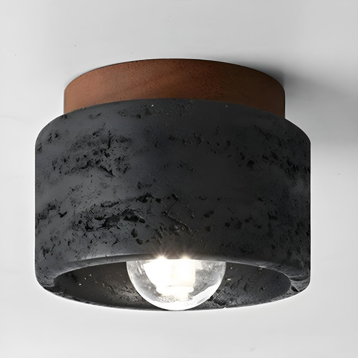 Hallway Natural Wood Stone Cylinder Flush Mount Light Image - 3