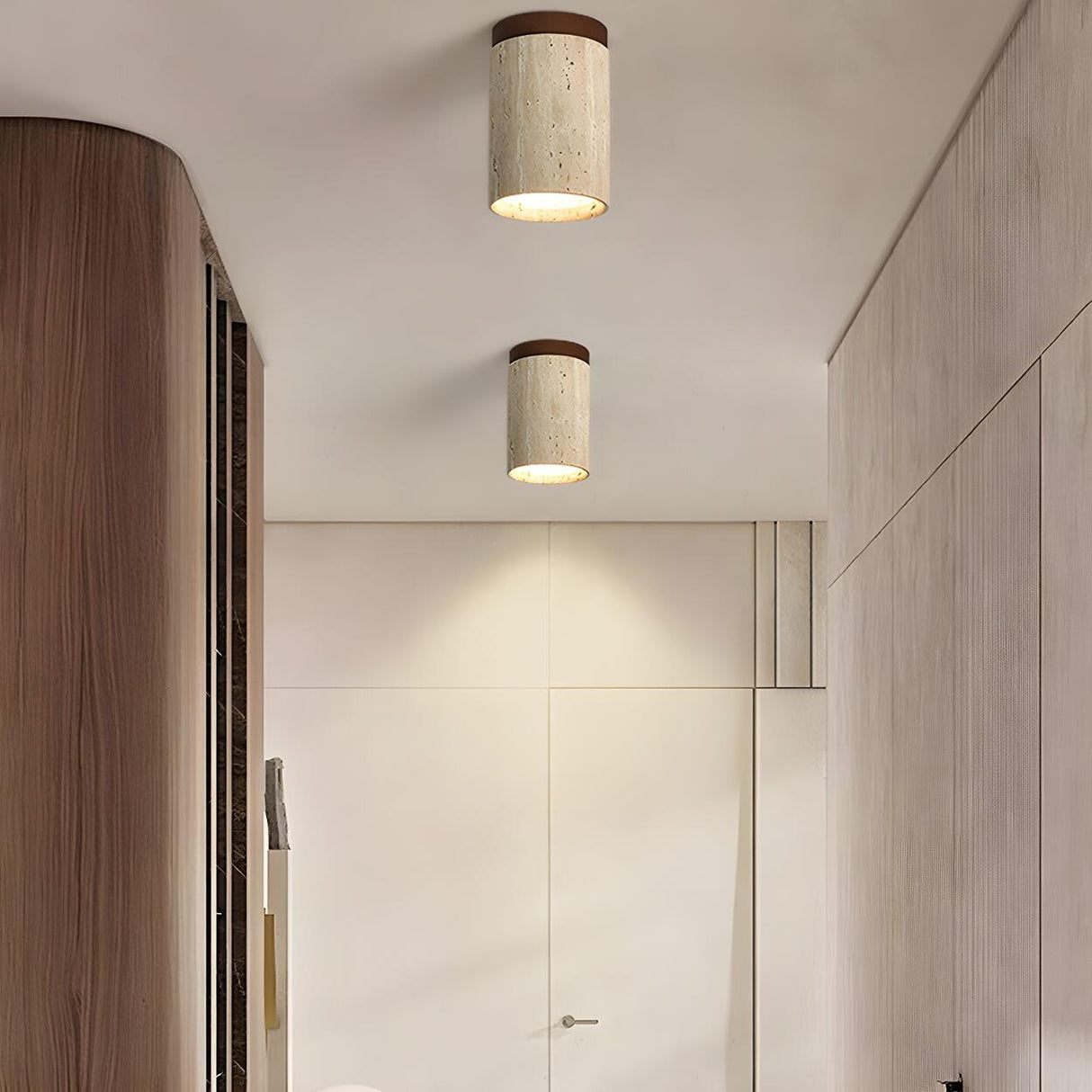 Hallway Natural Wood Stone Cylinder Flush Mount Light Image - 4