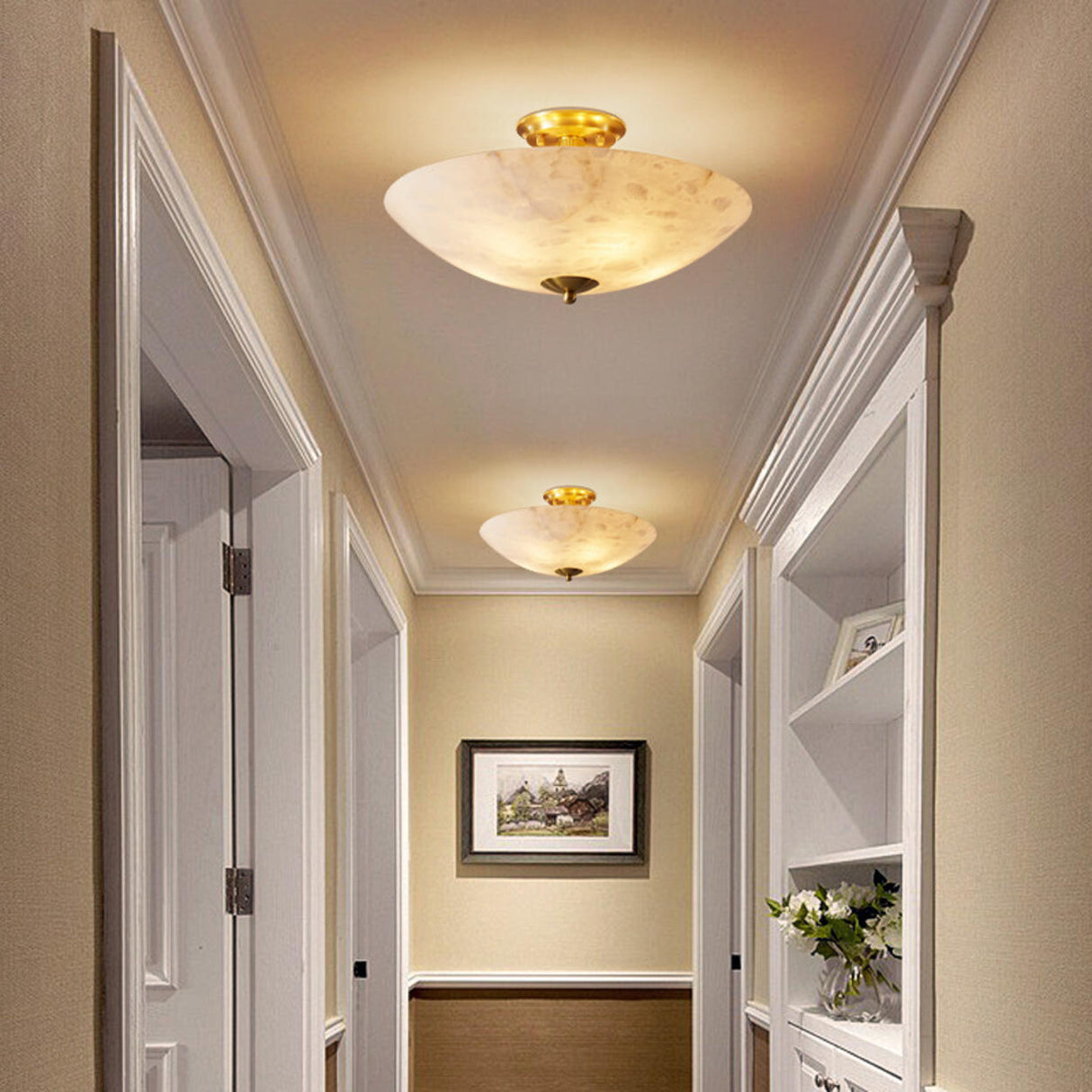 Hallway Stone Bowl Golden Semi-Flush Ceiling Light Image - 1