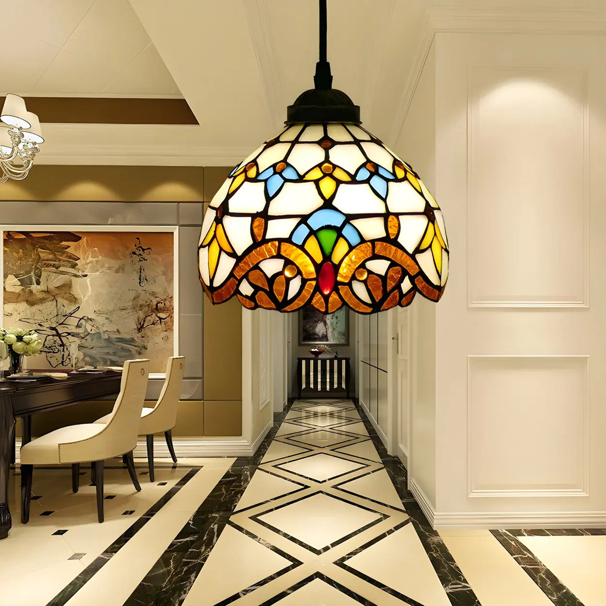 Hallway Tiffany Stained Glass Bowl-Shaped Pendant Light Image - 4