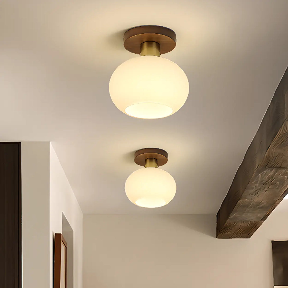 Hallway Walnut Drum Semi-Flush Mount Ceiling Light Image - 1