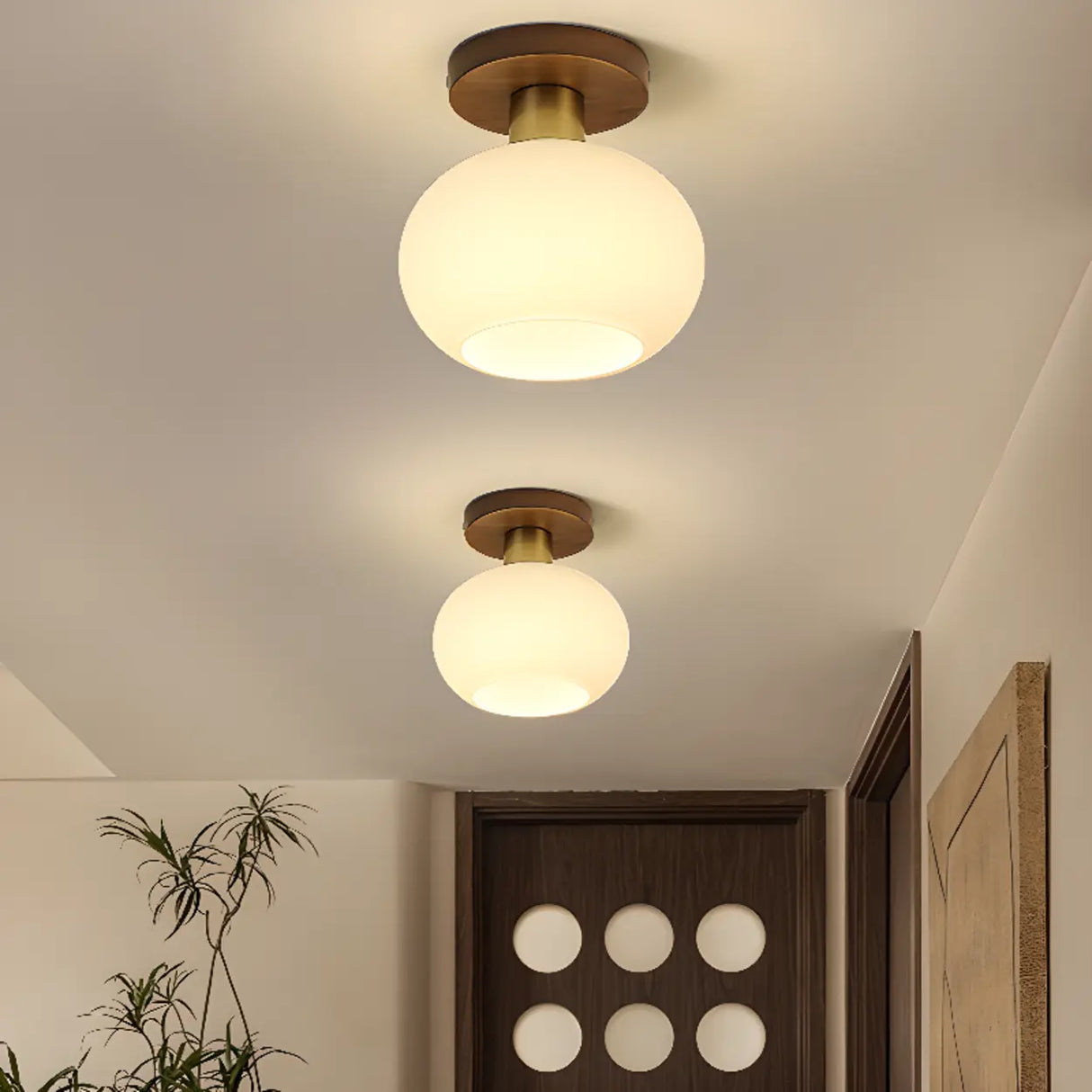 Hallway Walnut Drum Semi-Flush Mount Ceiling Light Image - 3