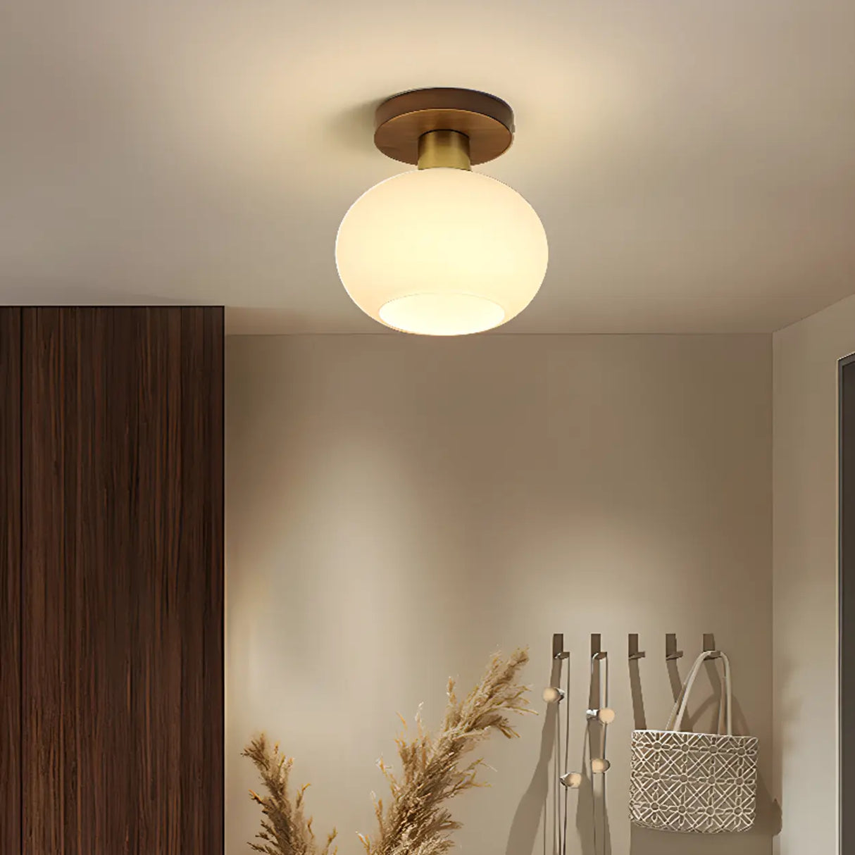 Hallway Walnut Drum Semi-Flush Mount Ceiling Light Image - 4