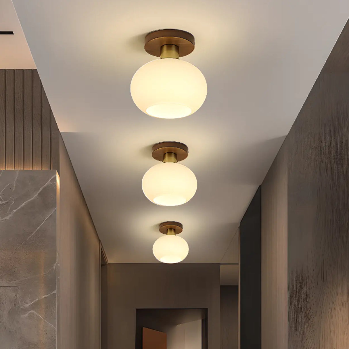 Hallway Walnut Drum Semi-Flush Mount Ceiling Light Image - 5