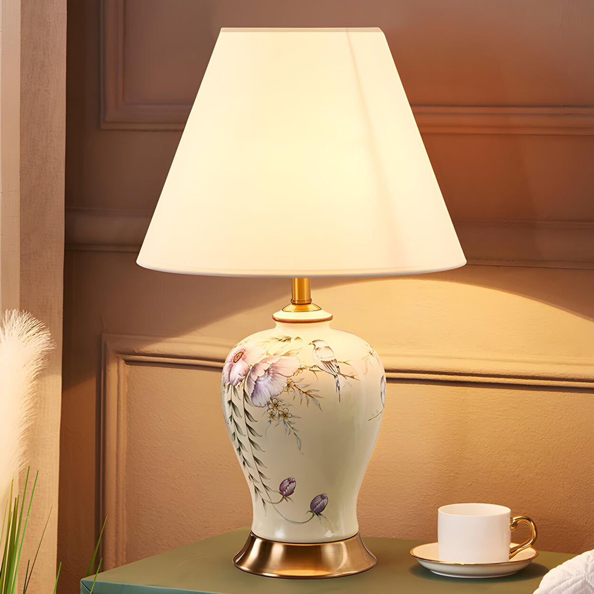 Hand-Painted Ceramic Base White Lampshade Table Lamp Image - 1