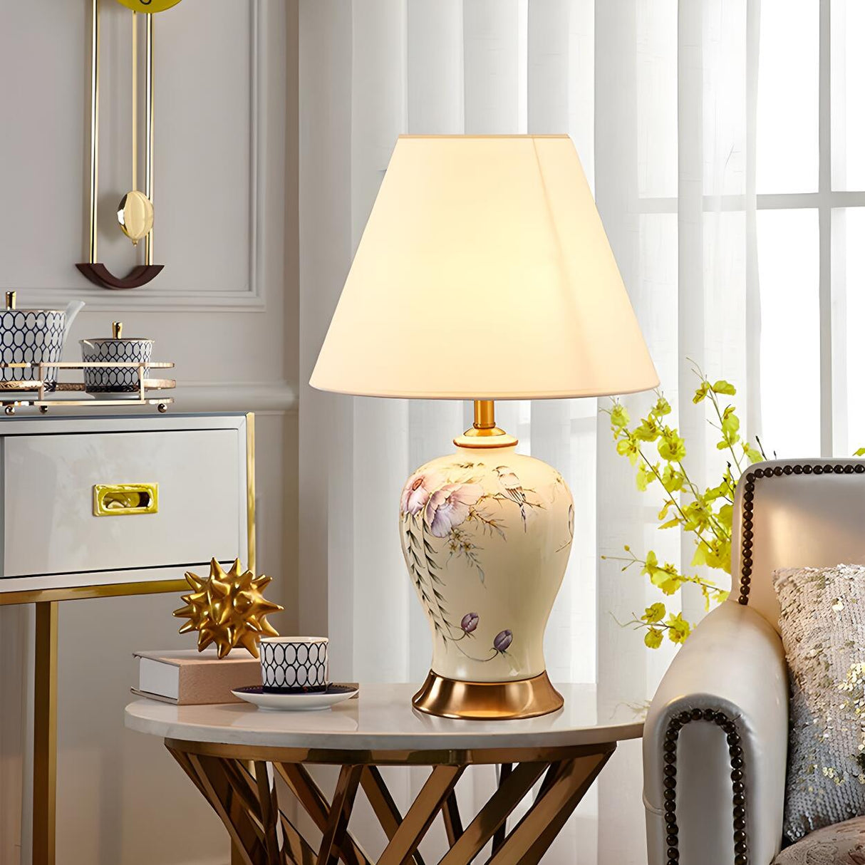 Hand-Painted Ceramic Base White Lampshade Table Lamp Image - 4