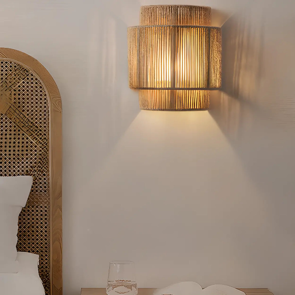 Handwoven Rustic Rope Beige Bedside Wall Sconce Image - 3