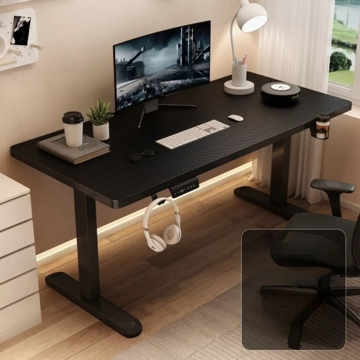 Height-Adjustable Walnut Wood T-Shape Standing Desk Image - 9