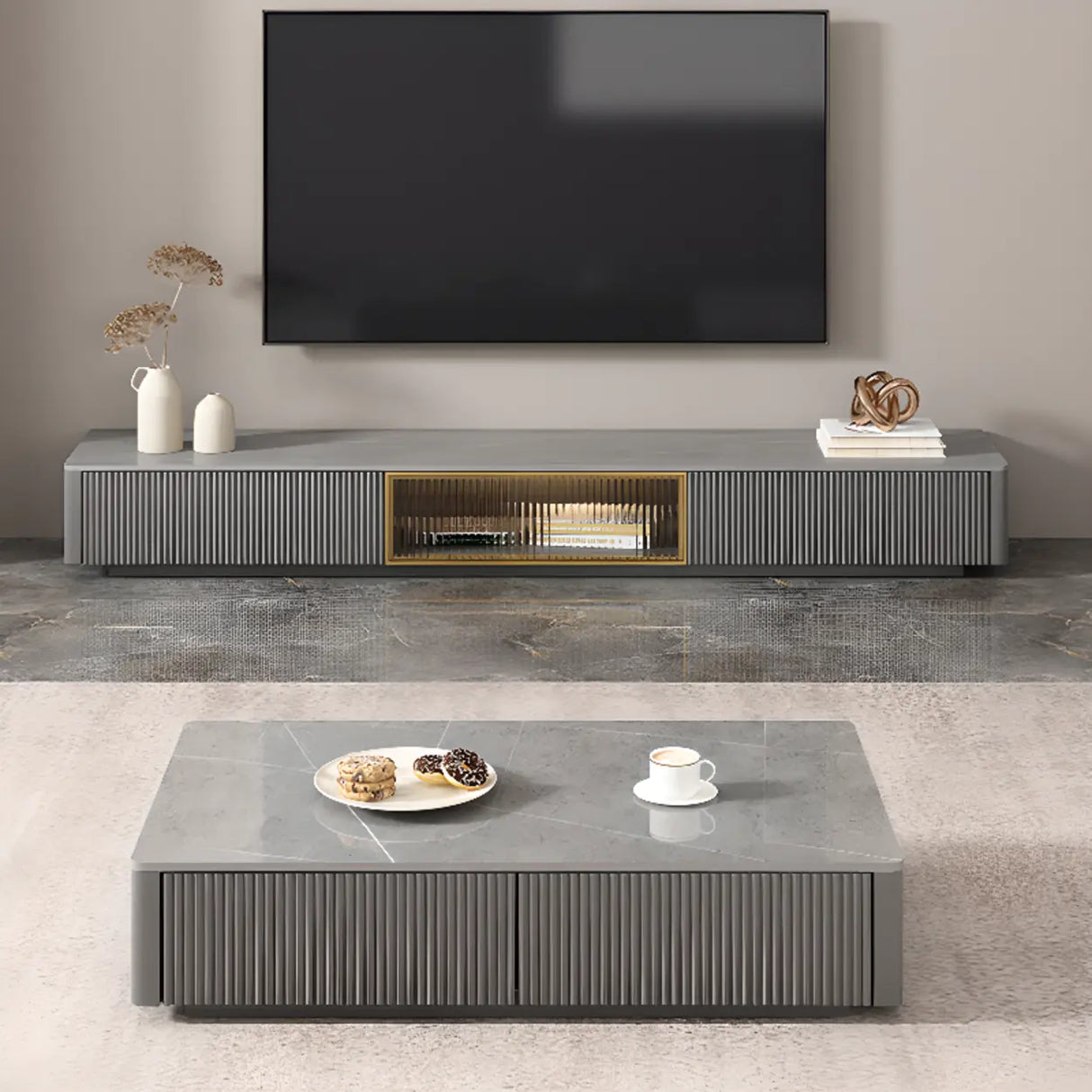High Glossy Grey Stone Rectangle Drawers TV Stand Image - 4