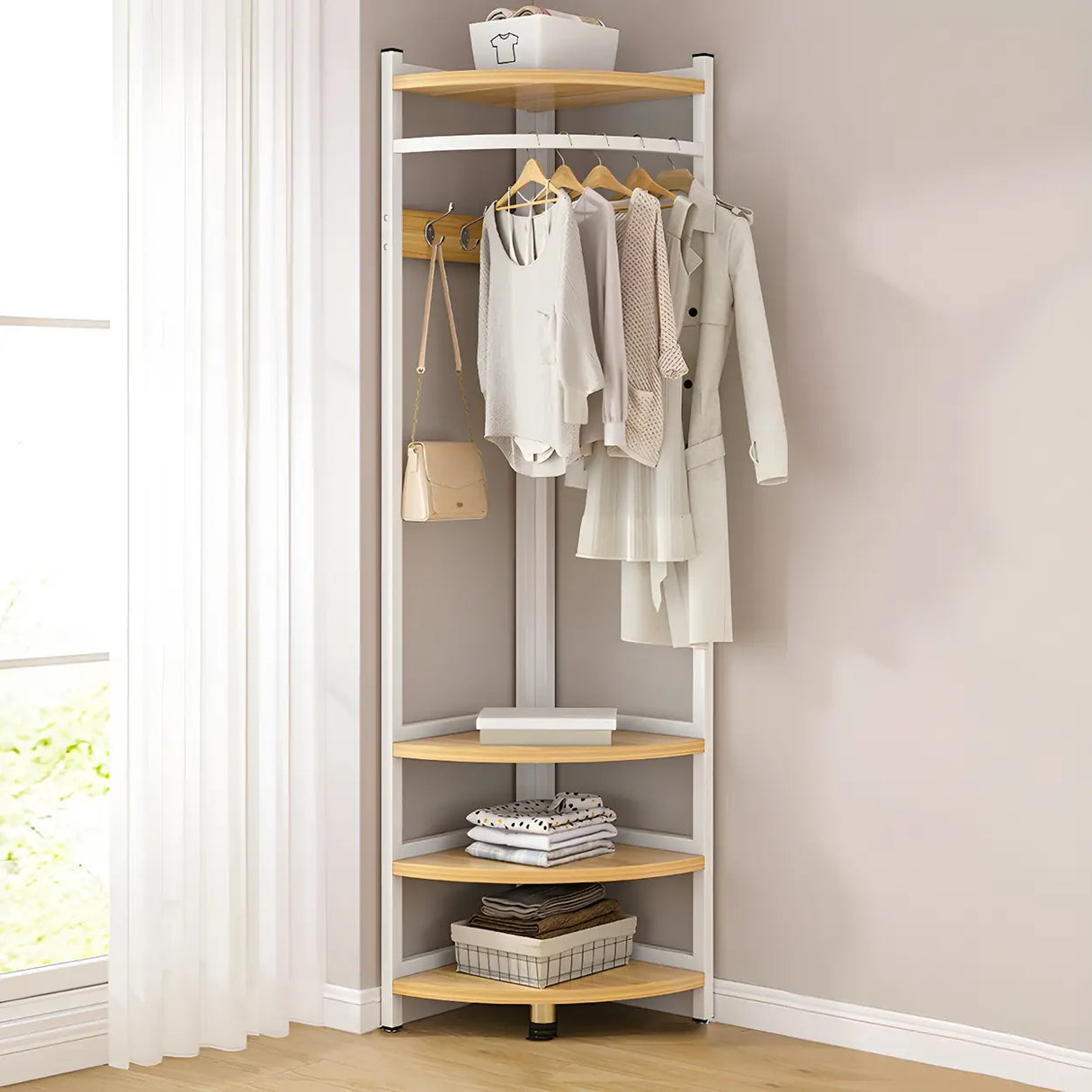 High Organizer Metal Corner Coat Rack with Pink Shelves Image - 11