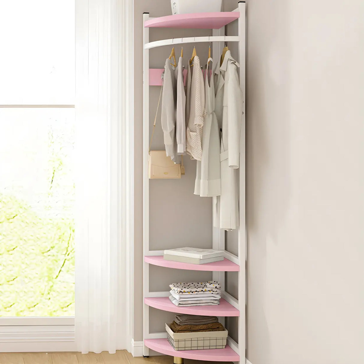 High Organizer Metal Corner Coat Rack with Pink Shelves Image - 1