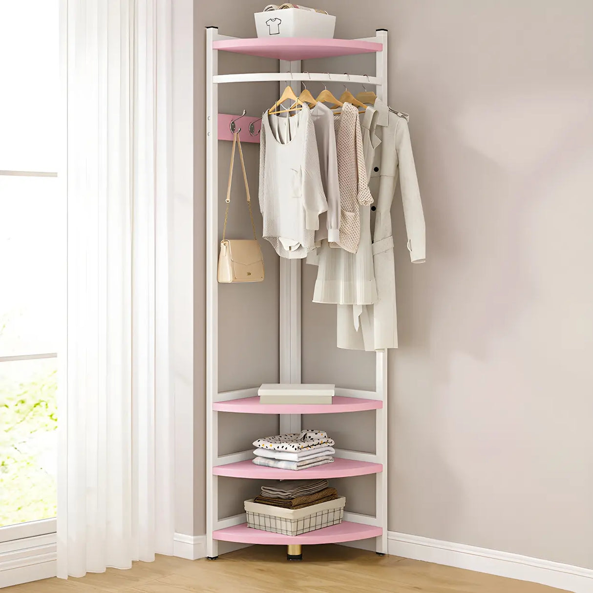 High Organizer Metal Corner Coat Rack with Pink Shelves Image - 3