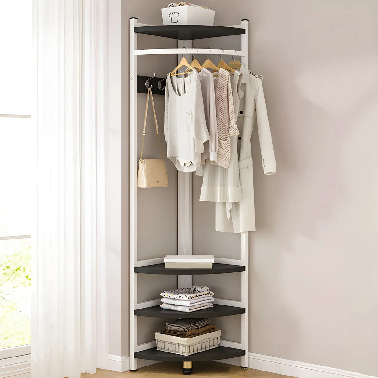 High Organizer Metal Corner Coat Rack with Pink Shelves Image - 5