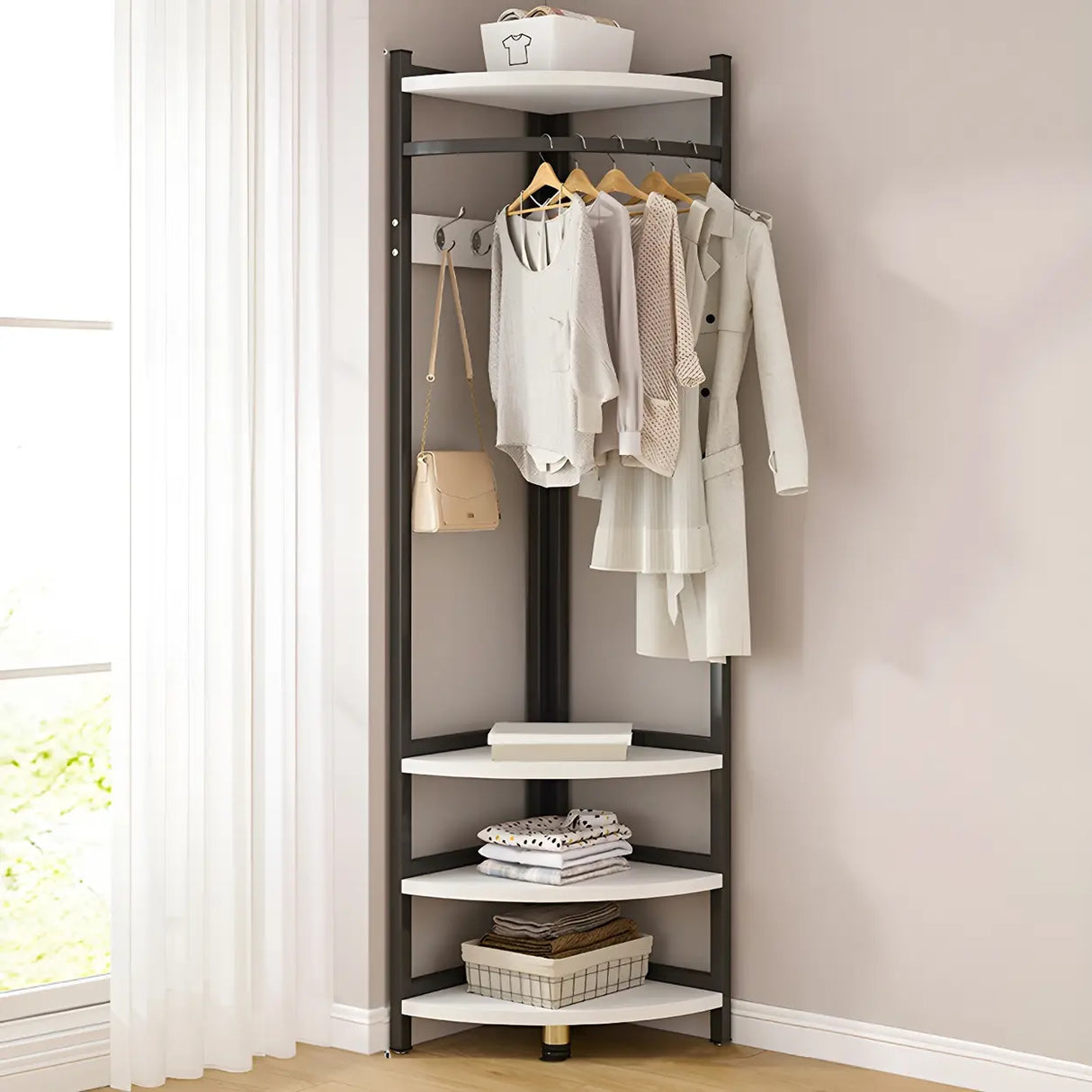 High Organizer Metal Corner Coat Rack with Pink Shelves Image - 7