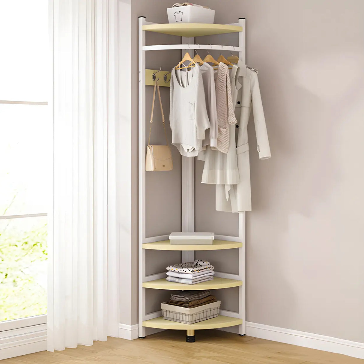 High Organizer Metal Corner Coat Rack with Pink Shelves Image - 9