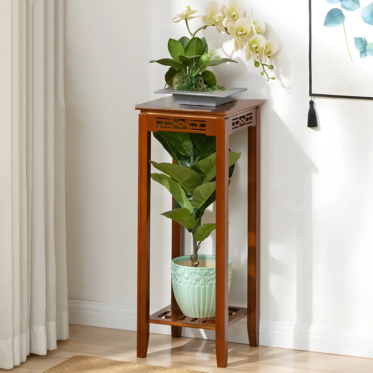 Home Display Modern Waterproof Square Bamboo Plant Stand Image - 7