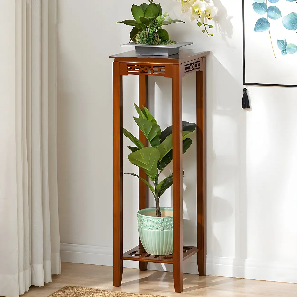 Home Display Modern Waterproof Square Bamboo Plant Stand Image - 9