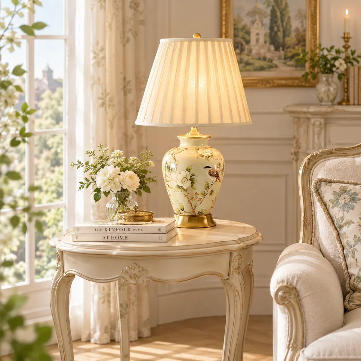 Elegant Pleated Fabric Floral Ceramic Base Table Lamp