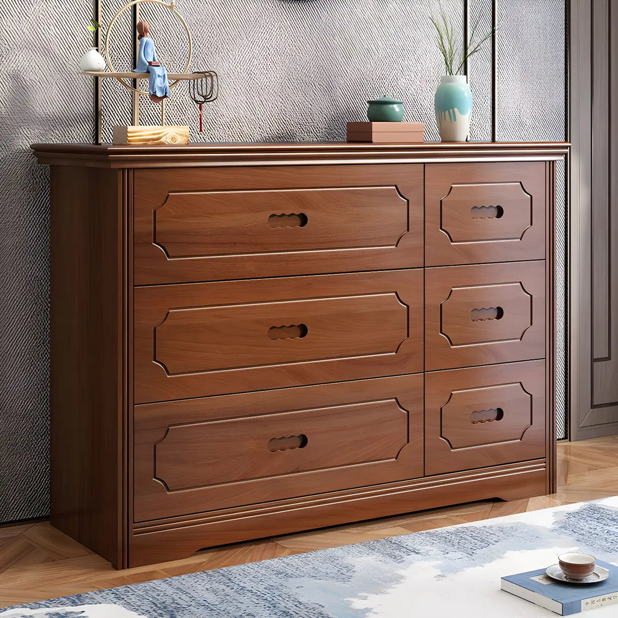 Horizontal Brown Rubberwood Double Dresser for Bedroom Image - 1